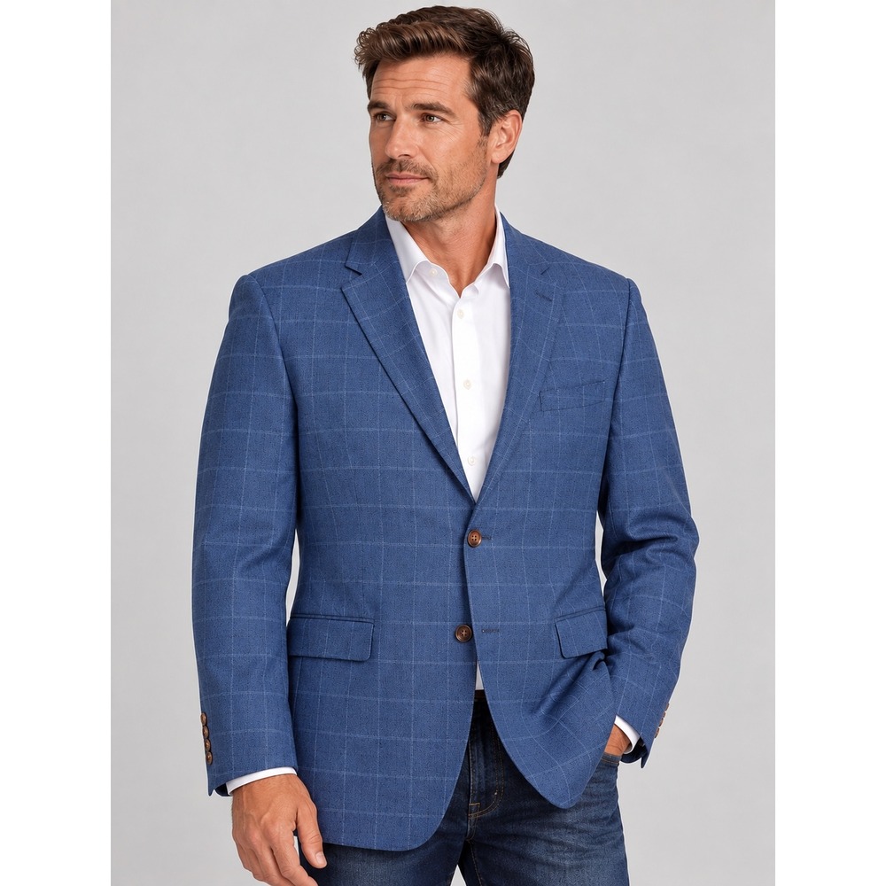 Ralph Lauren Black Label 50R Blue Blazer Windowpane Silk Wool Slim Fit SportCoat